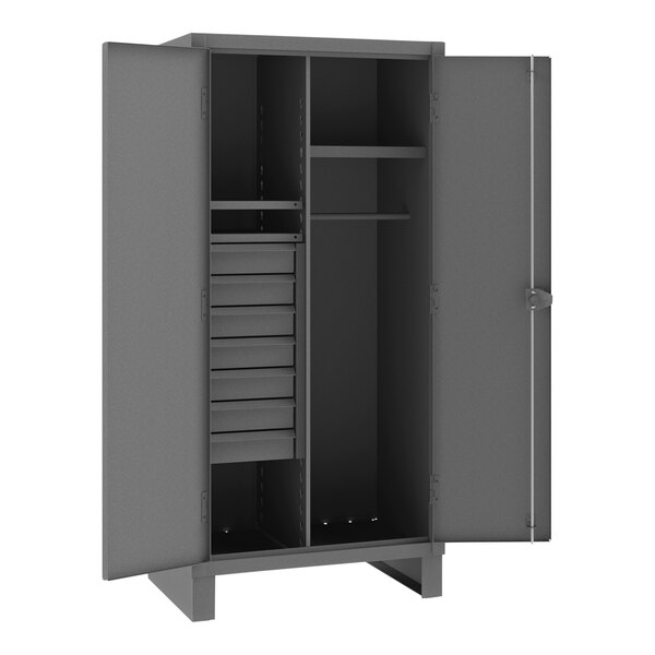 A grey metal Durham wardrobe cabinet with shelves and drawers.