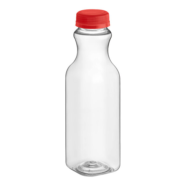 A clear plastic square carafe juice bottle with a red lid.