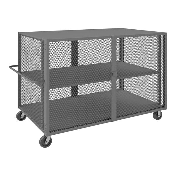 A grey metal Durham cage truck with two shelves and mesh doors.