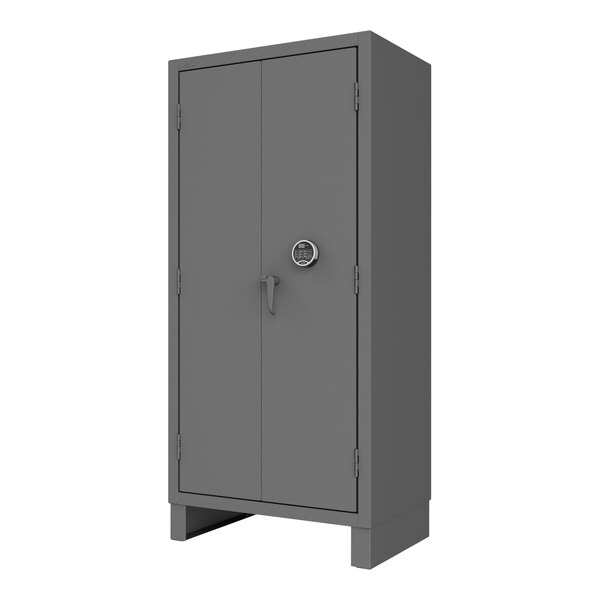 A grey metal Durham storage cabinet with a ProLogic electronic lock.