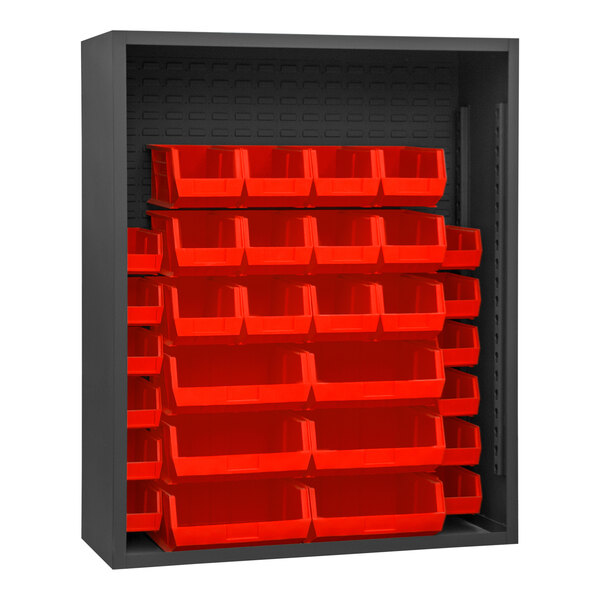 A black metal cabinet with red bins inside.