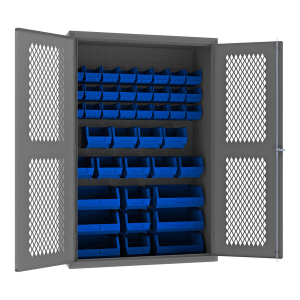 A metal Durham storage cabinet with blue bins inside.