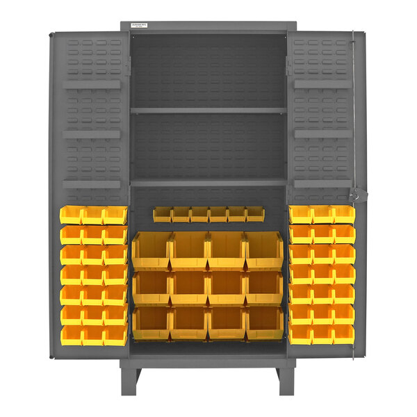 A metal Durham storage cabinet with yellow bins on shelves.