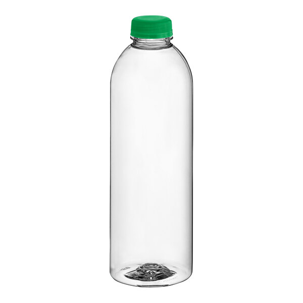 A 32 oz. clear plastic round juice bottle with a green cap.