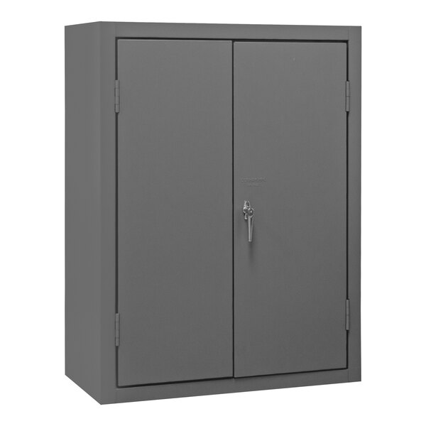 A gray steel shelf cabinet with a lock.