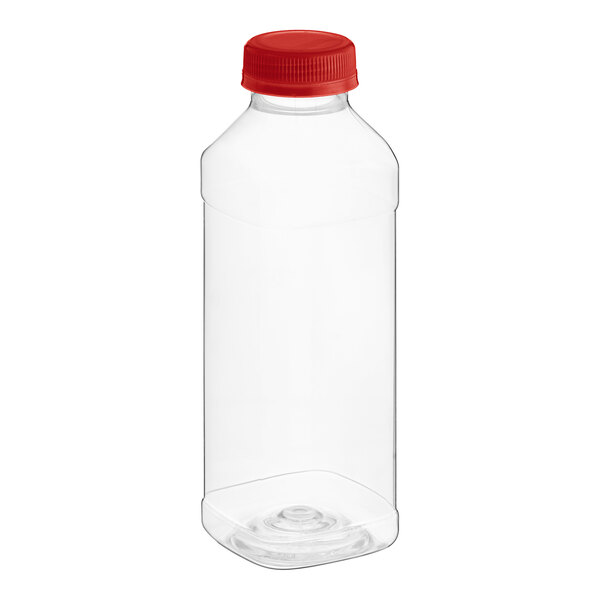 A clear plastic square juice bottle with a red lid.
