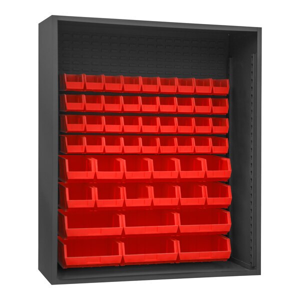 A black metal Durham enclosed bin rack with red bins.