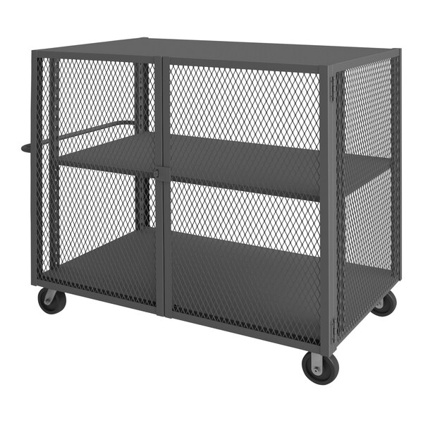 A black metal Durham Mfg cage truck with two shelves.