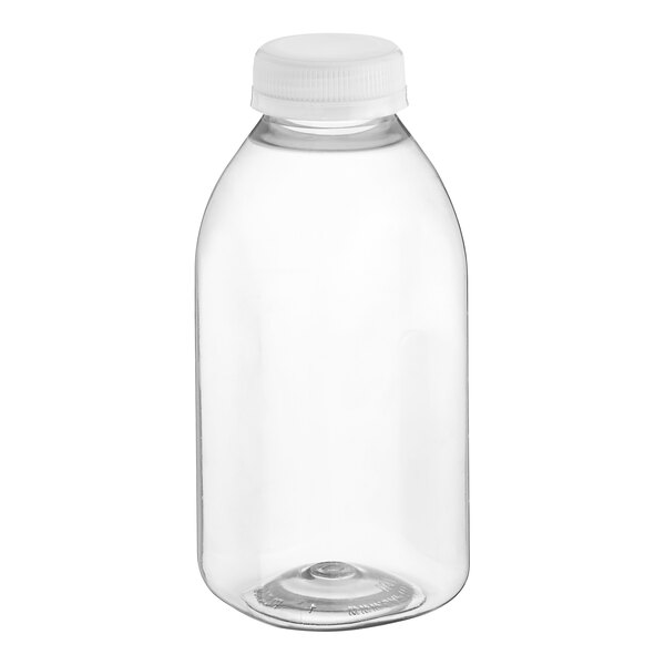 A clear plastic square juice bottle with a clear plastic lid.
