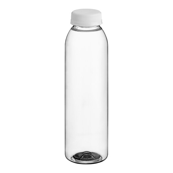 A clear plastic juice bottle with a white cap.