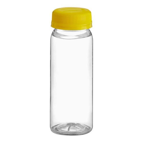 A 4 oz. clear plastic bottle with a yellow cap.