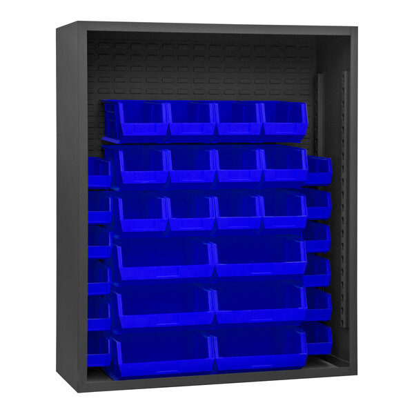 A black metal cabinet with blue bins on shelves.
