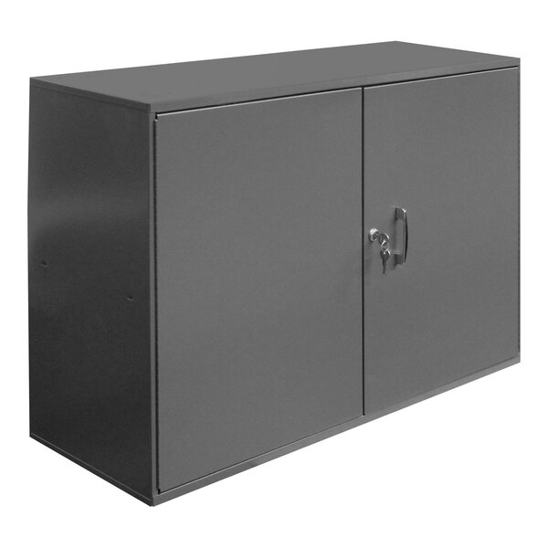 A gray metal Durham abrasive storage cabinet with pegboard panel doors.