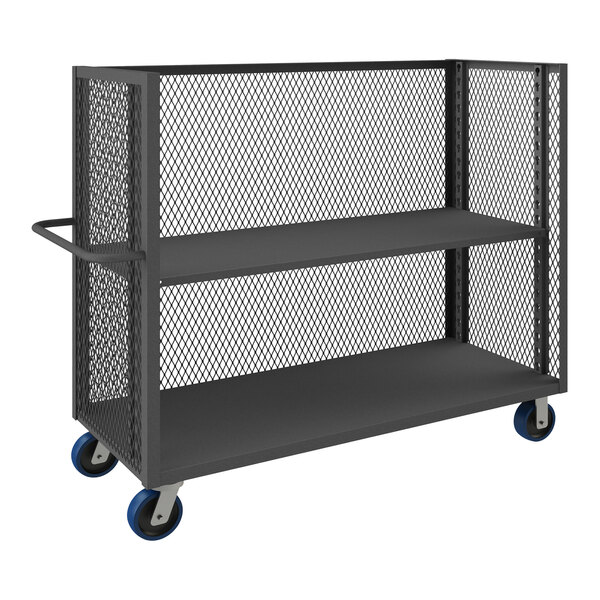 A black metal Durham Mfg 3-sided mesh cart with 2 shelves and blue wheels.