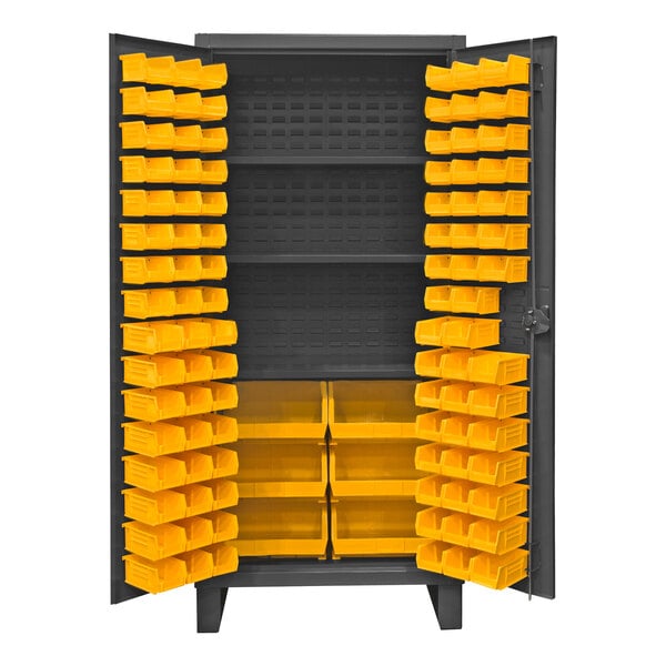 A metal Durham storage cabinet with yellow bins.