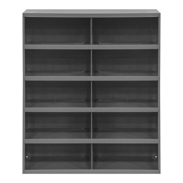 A grey metal Durham Mfg storage bin shelf with 10 openings.