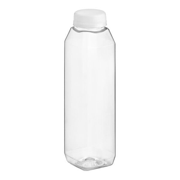 A clear plastic 12 oz. tall square juice bottle with a white cap.