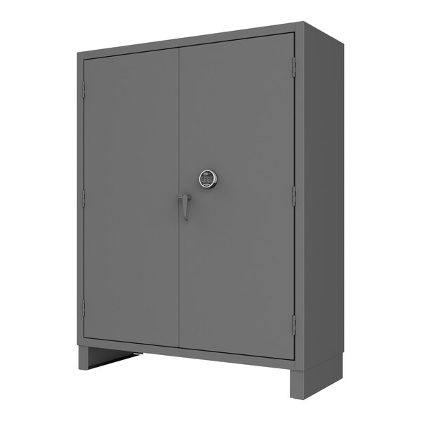 A grey metal Durham Mfg storage cabinet with a ProLogic electronic lock.