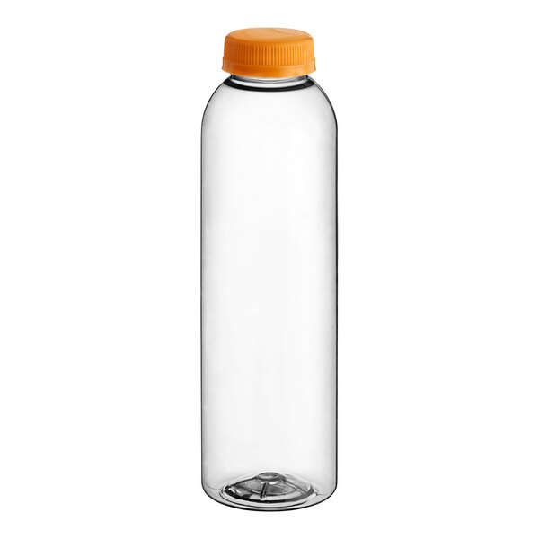 A clear round rPET juice bottle with an orange cap.