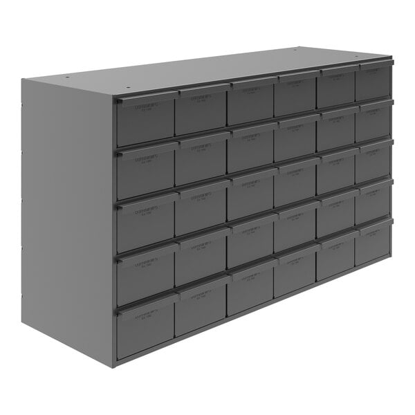 A large grey Durham steel storage cabinet with drawers.