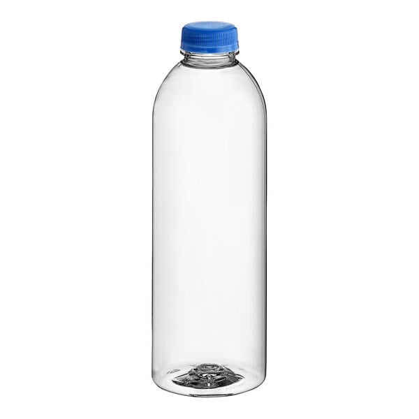 A 32 oz. clear plastic juice bottle with a blue lid.
