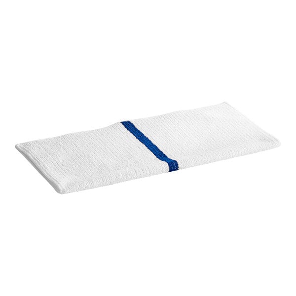 A white microfiber bar towel with a blue stripe.
