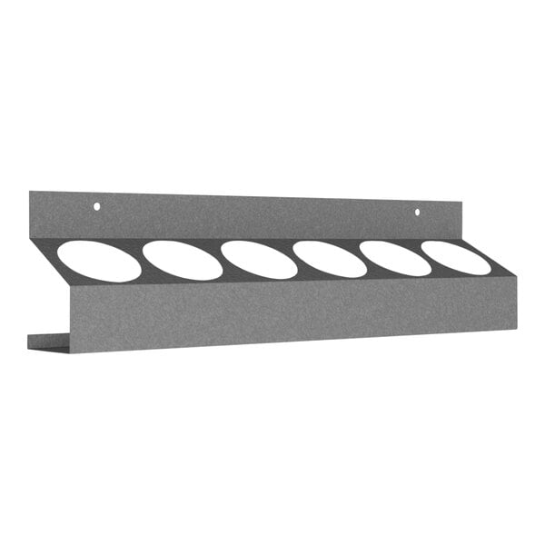 A grey metal Durham Mfg aerosol caddy shelf with six oval holes.