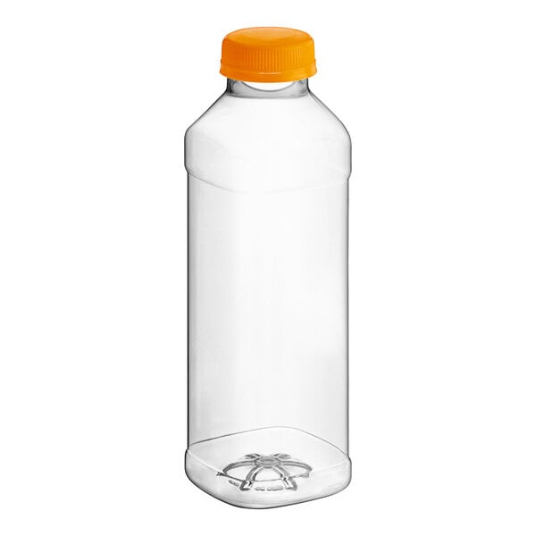 A clear plastic juice bottle with an orange lid.