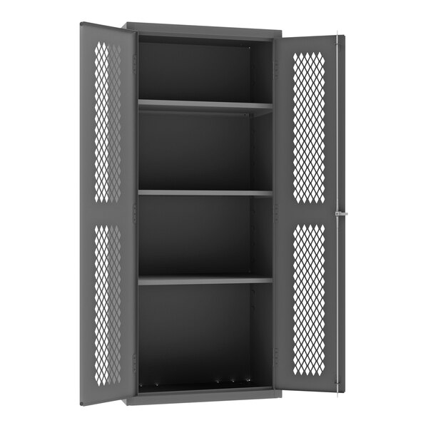A grey metal cabinet with lockable diamond-shaped mesh doors.