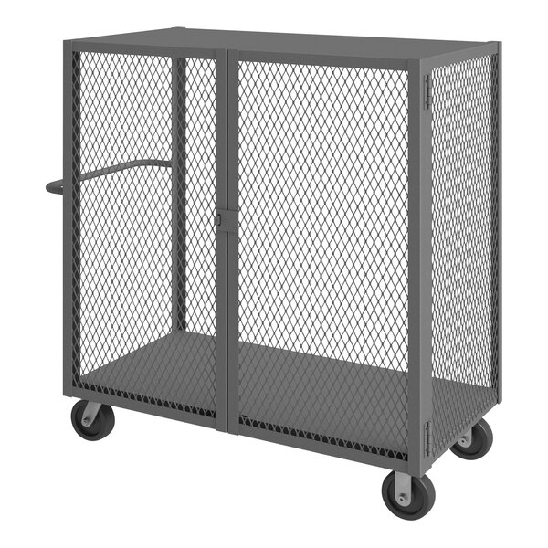 A Durham gray steel low-deck cage truck with wheels.