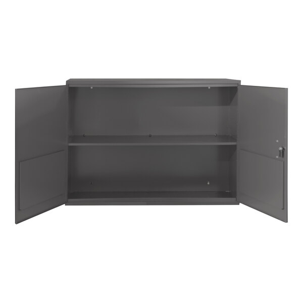 A grey Durham steel wall-mounted storage cabinet with open doors.