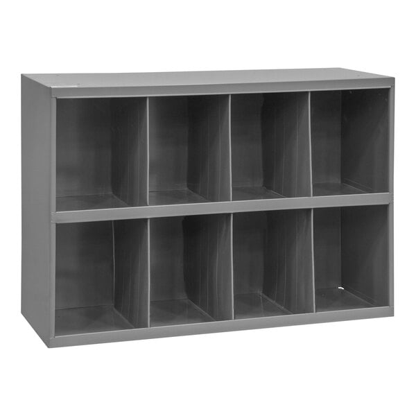 A grey metal Durham Mfg storage bin shelf with 8 openings.