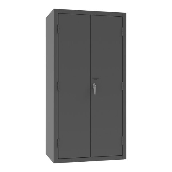 A gray metal lockable cabinet with two doors.