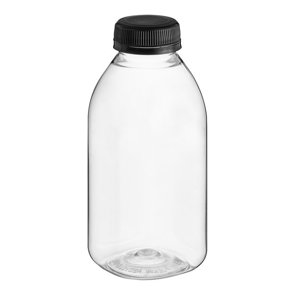 A 12 oz. clear PET square juice bottle with a black lid.