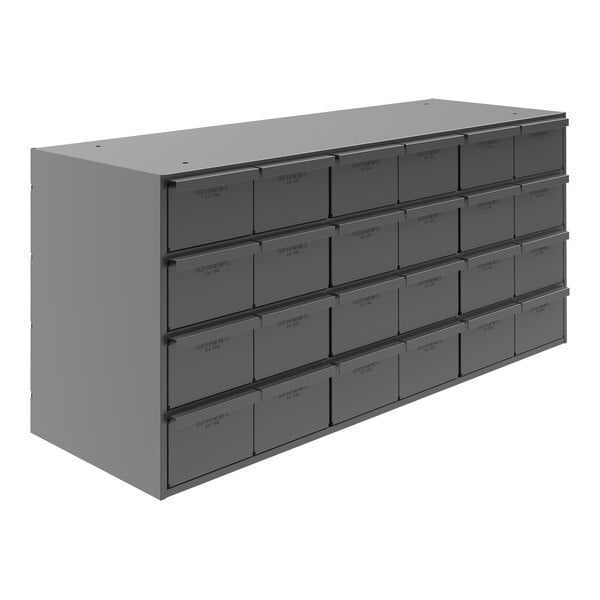 A grey Durham steel storage cabinet with 24 drawers.