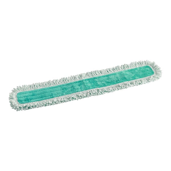 A green Lavex microfiber mop pad with white fringes and a blue stripe.
