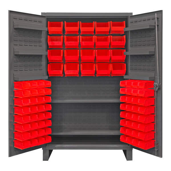 A Durham storage cabinet with red bins on the shelves.