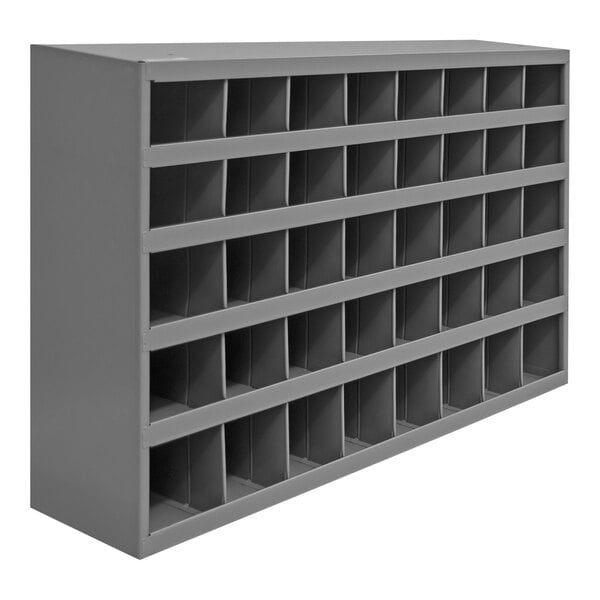 A grey Durham steel shelf with 40 openings.