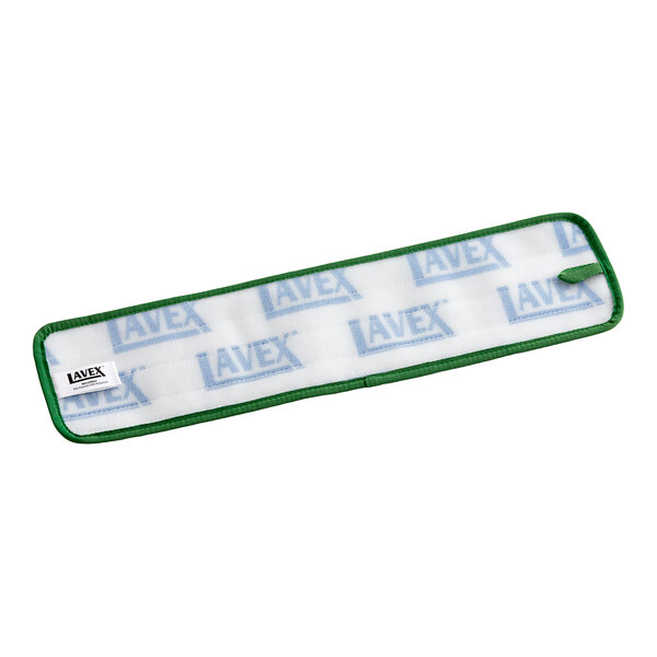 A white and green Lavex microfiber mop pad with the word Lavex in blue.