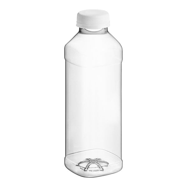 A clear plastic 16 oz. square juice bottle with a white lid.