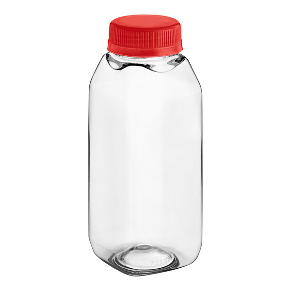 A clear plastic 8 oz. Tall Square PET juice bottle with a red lid.