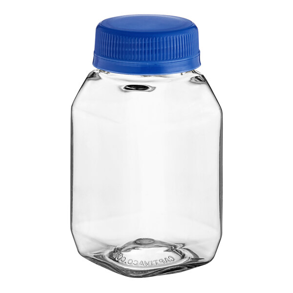 A clear plastic bottle with a blue lid.