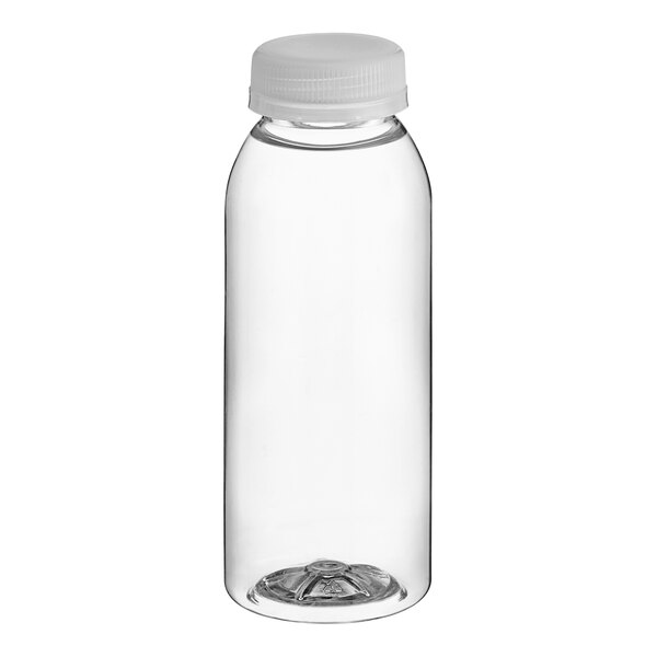 An 8 oz. clear plastic juice bottle with a clear lid.