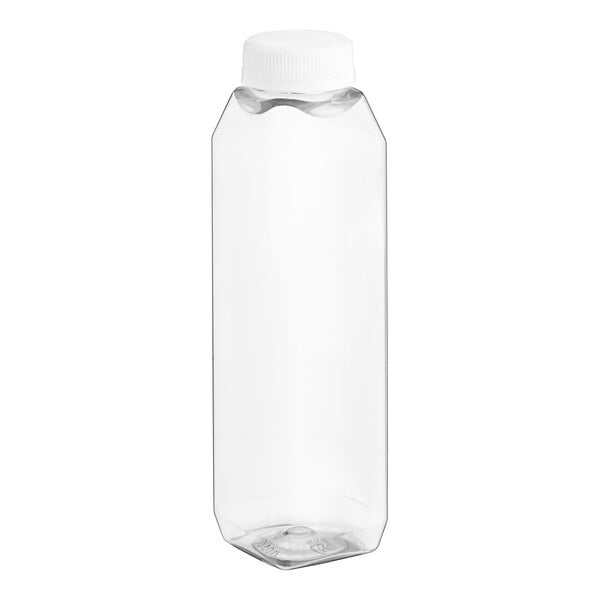 A clear plastic bottle with a white cap.