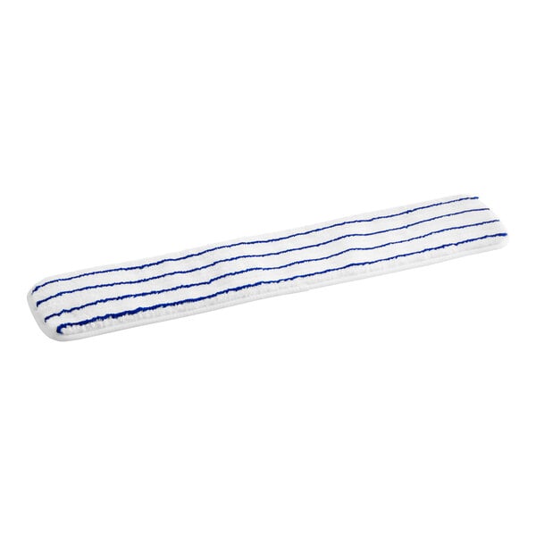 A 24-inch white microfiber wet mop pad with blue scrubbing stripes and hook and loop backing.