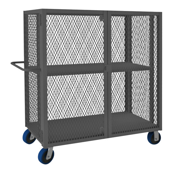 A large metal Durham cage truck with two shelves and blue polyurethane wheels.