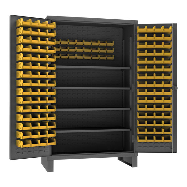 A large metal Durham storage cabinet with yellow bins on shelves.