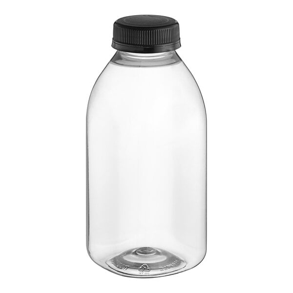 A clear plastic 12 oz. square rPET juice bottle with a black lid.