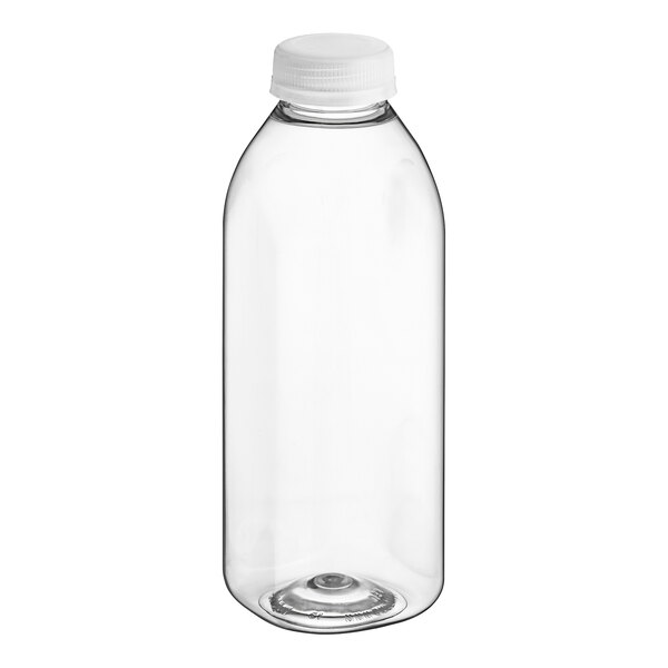 A clear plastic Square Milkman juice bottle with a clear lid.