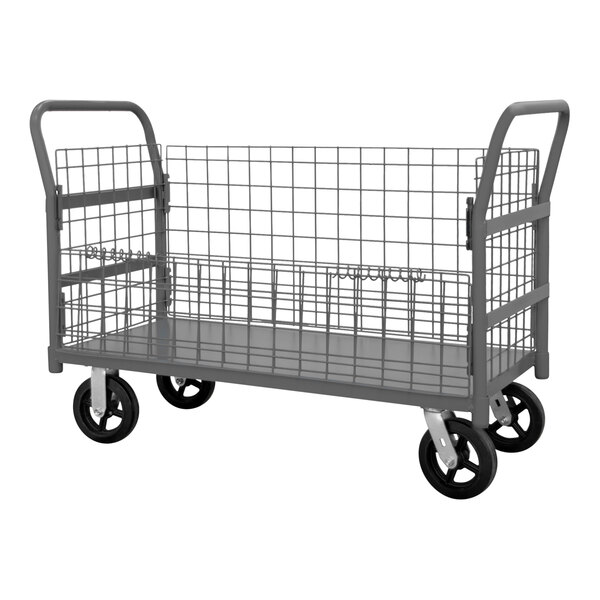 A gray metal Durham stock picking cart with black wheels.